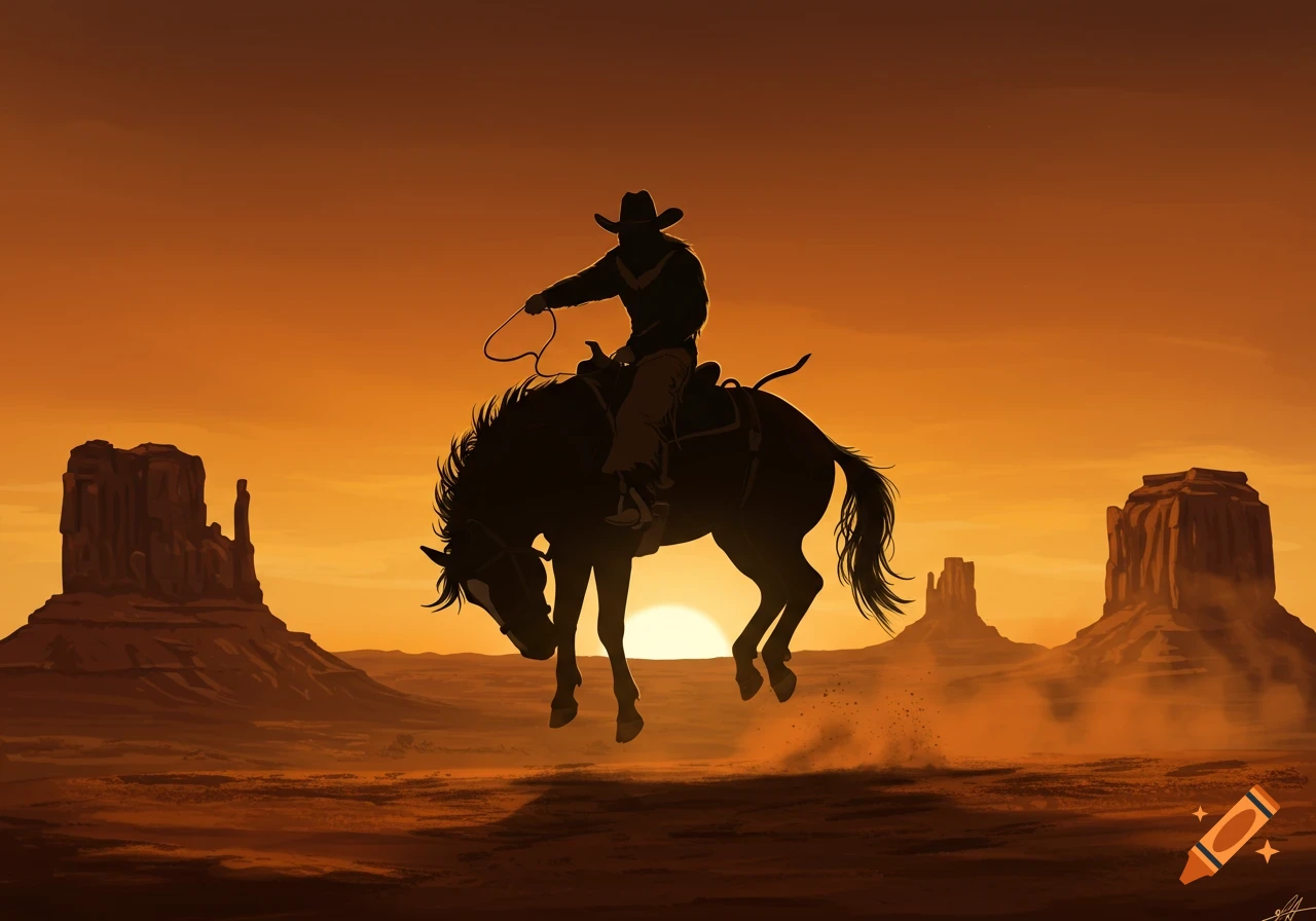 Silhouette of a cowboy riding a bucking horse against a vibrant orange desert sunset with large rock formations.