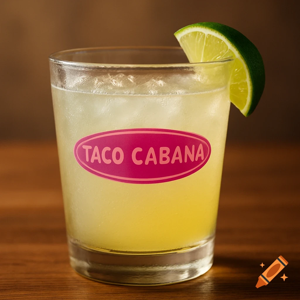 A photorealistic margarita in a glass tumbler with a lime wedge and a pink 'Taco Cabana' logo.