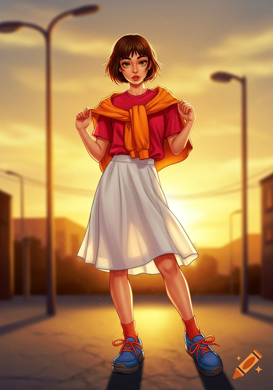 A stylized young woman with short brown hair, wearing a red shirt, white skirt, orange sweatshirt, and blue shoes, stands on a street at sunset.