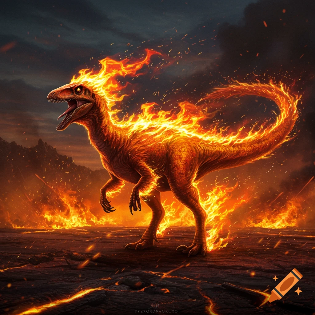 A dramatic illustration of a pyroraptor dinosaur engulfed in flames, standing on fiery, cracked earth under a dark sky.