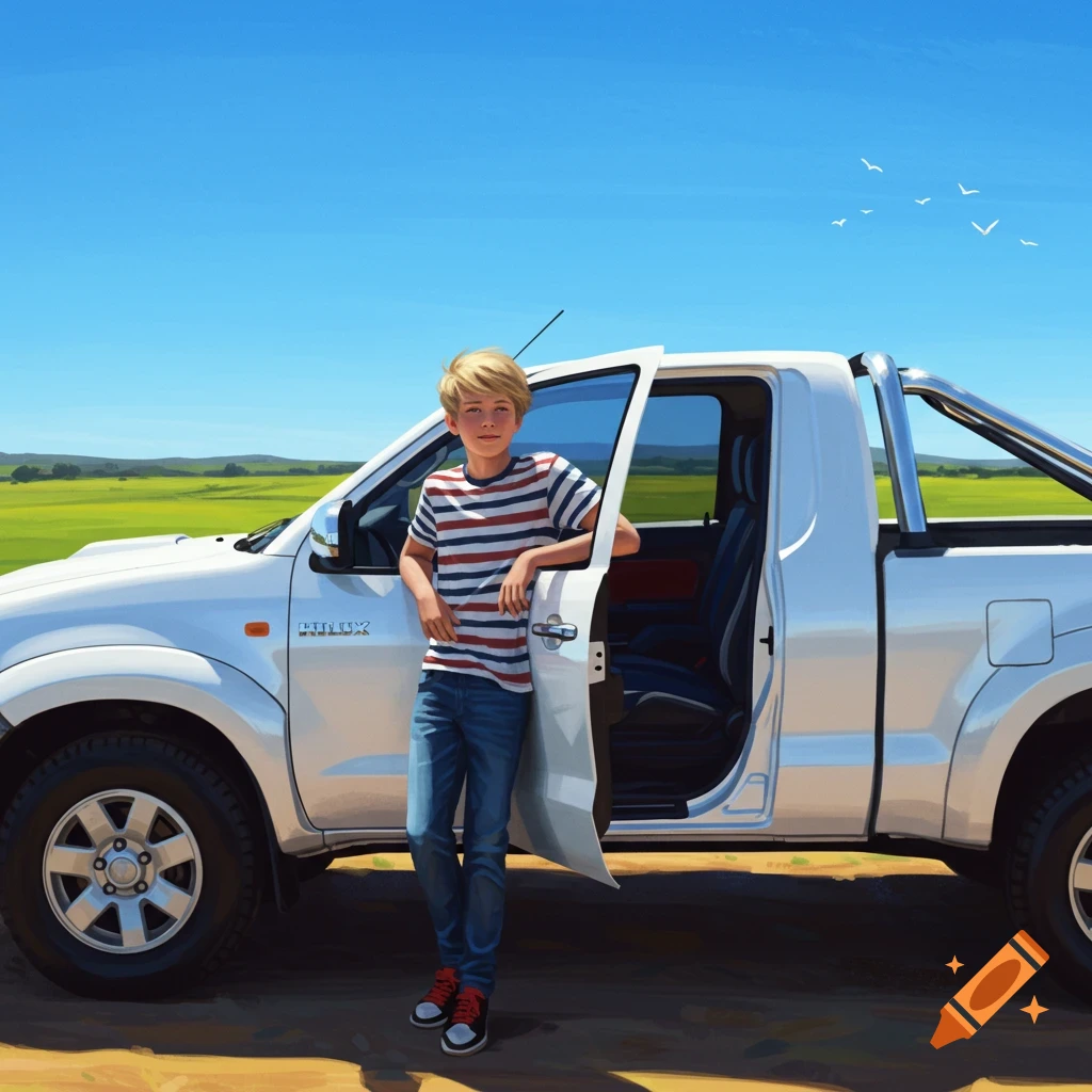 A blonde boy stands proudly next to a white pickup truck in a sunny field, painted in a clear, bright style.