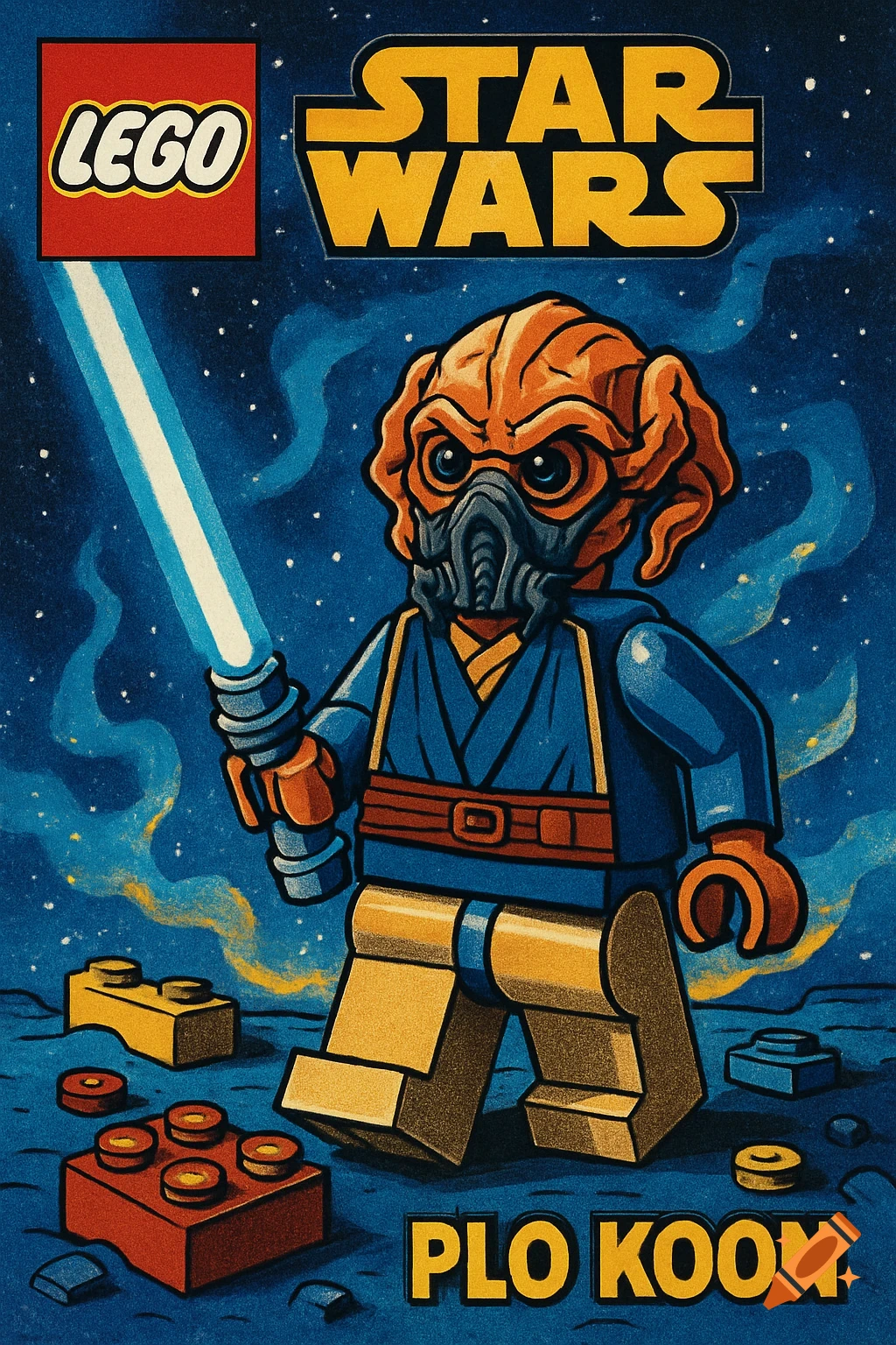 A stylized poster of a Lego Plo Koon minifigure with a blue lightsaber, featuring 'LEGO' and 'STAR WARS' logos.