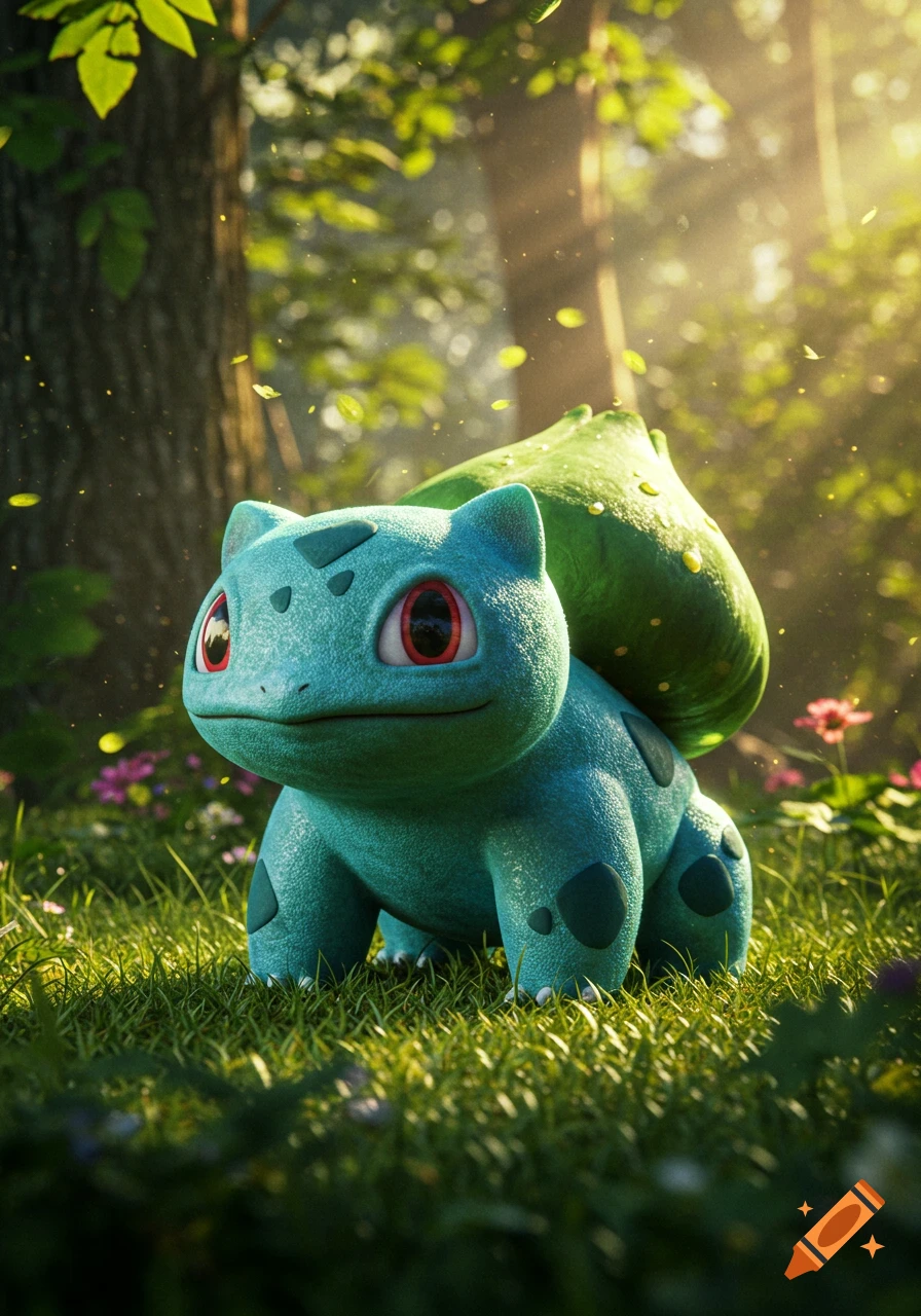 Photorealistic Bulbasaur stands on a lush, sunlit forest floor with light rays filtering through the trees.