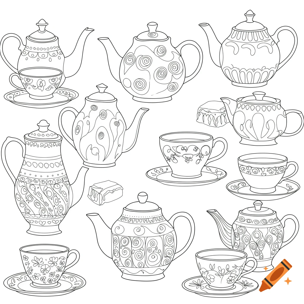 A collection of teapots and teacups in a simple line art coloring book style.