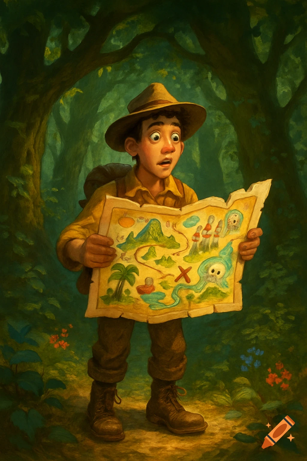 A cartoon explorer in a safari hat and backpack stands in a lush forest, looking surprised at a treasure map.