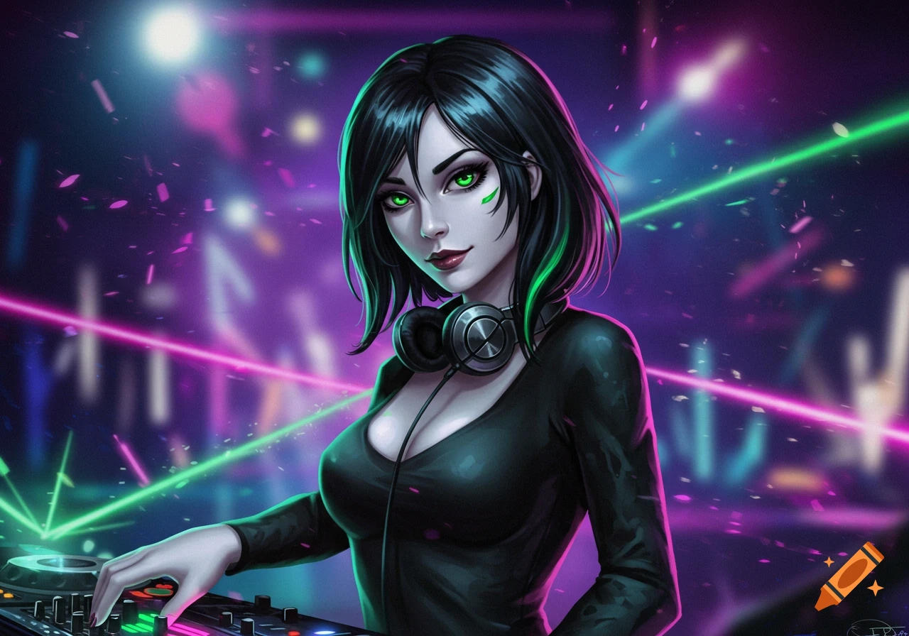 An anime-style illustration of a female DJ with black hair and green streaks, wearing headphones, mixing music in a vibrant neon-lit club.