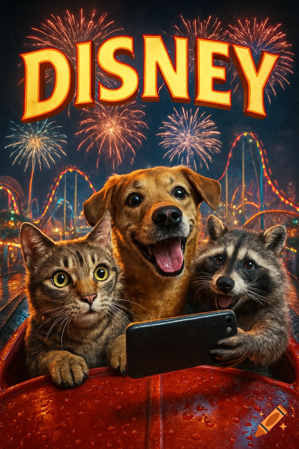 A cat, a dog, and a raccoon ride a roller coaster at night, taking a selfie, with fireworks and the word "DISNEY" above.
