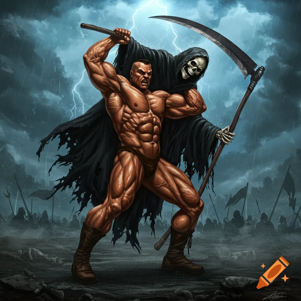 Muscular man in loincloth puts the Grim Reaper in a headlock on a stormy battlefield with lightning in a detailed illustration.