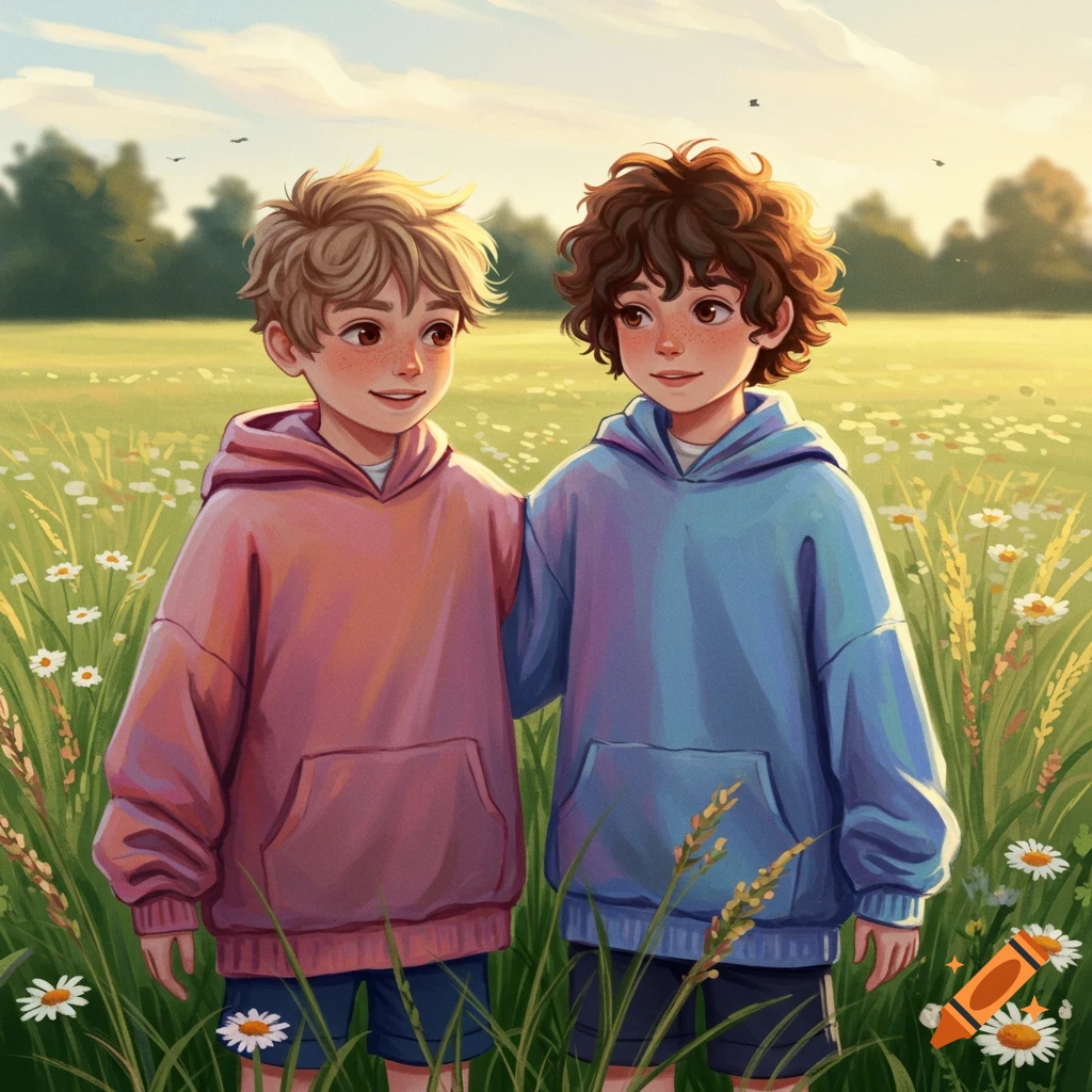 Two young boys in hoodies stand in a sunny field of flowers, a digital illustration.