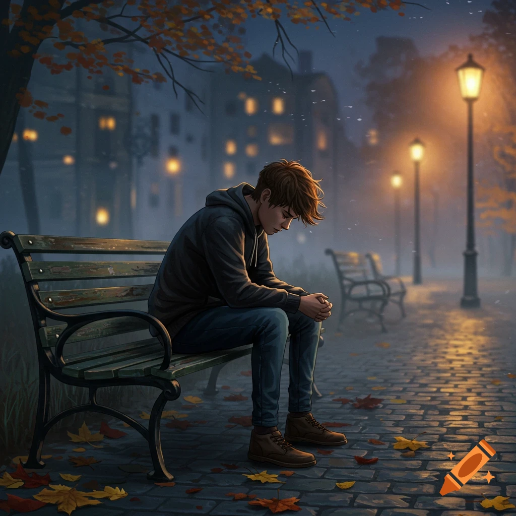 A lone, sad young man sits on a park bench on a misty autumn evening, illuminated by streetlights.