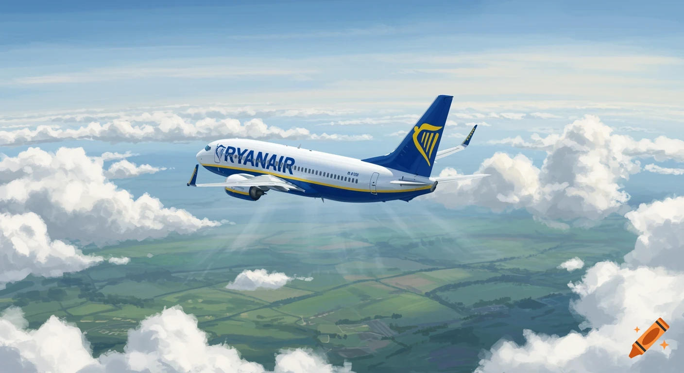 An illustrated Ryanair Boeing 737 plane flies through a partly cloudy sky over green fields.