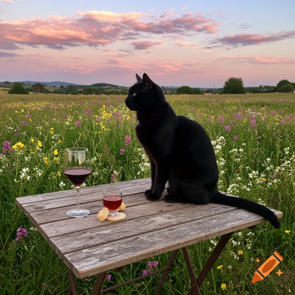 A black cat sits on a wooden table in a field of wildflowers at sunset, next to two glasses of red wine.