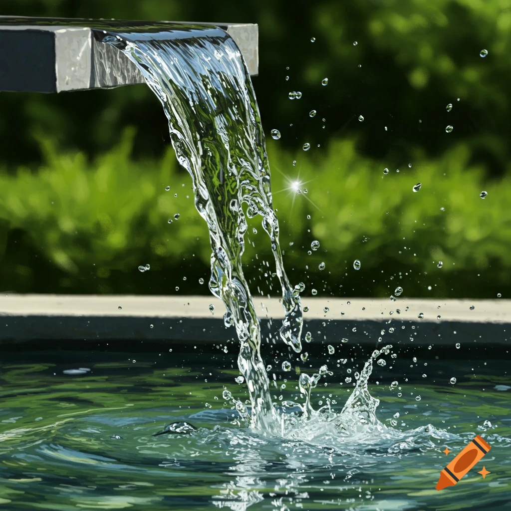 Photorealistic image of water cascading from a stone ledge into a pool, with splashes and reflections, against a green background.