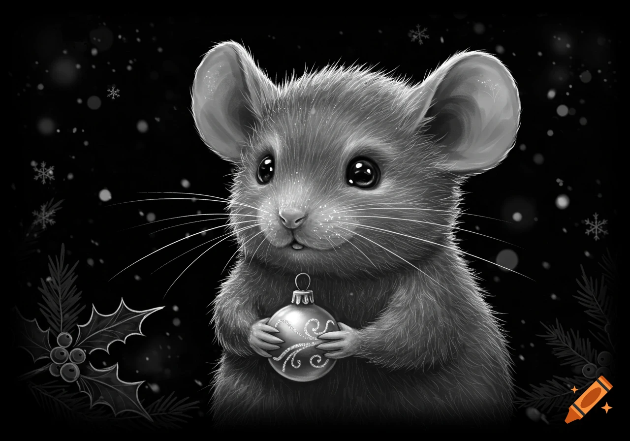 A grayscale, detailed illustration of a cute mouse holding a Christmas ornament, with snowflakes and holly on a black background.