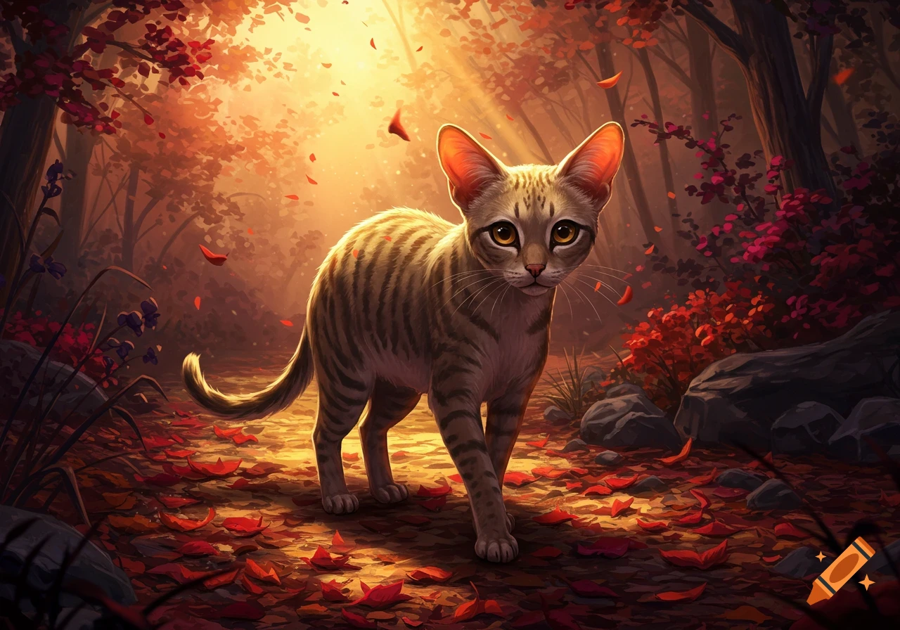 A stylized illustration of a striped cat walking on a sunlit forest path covered in red autumn leaves.