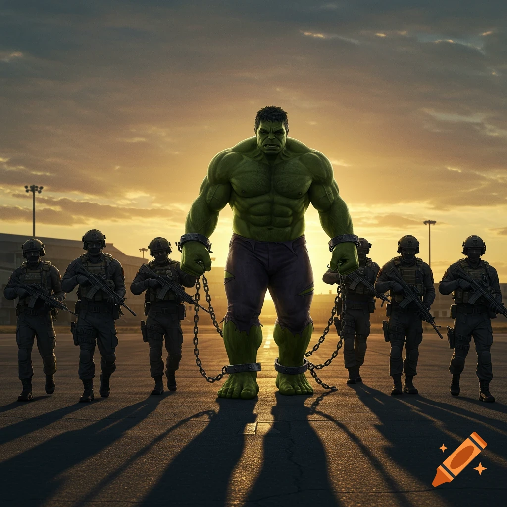 Photorealistic image of Hulk, chained at his wrists and ankles, surrounded by armed soldiers on a military airport tarmac at sunset.
