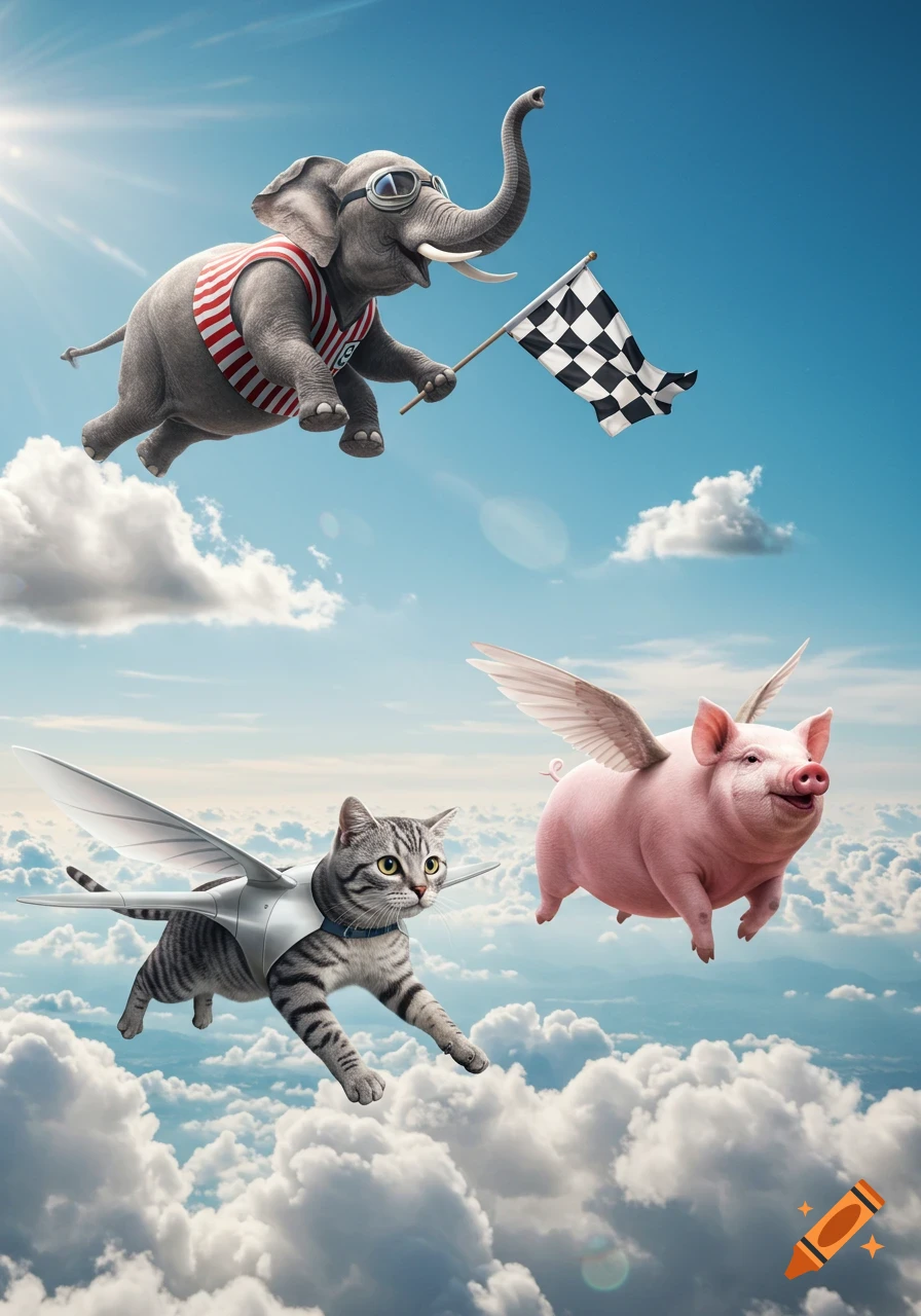 A flying elephant holding a checkered flag, a winged pig, and a cat with jet wings race through a sunny blue sky with clouds.