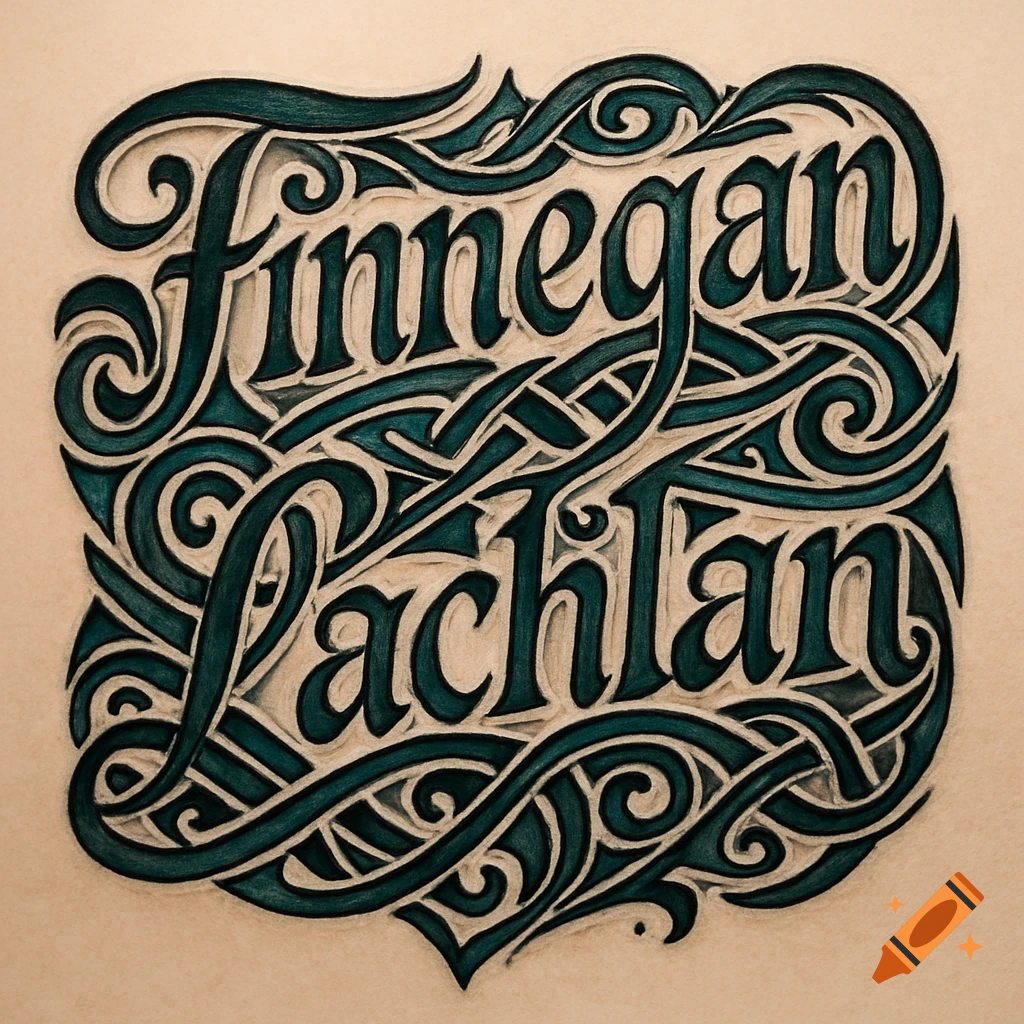 A dark teal, stylized Celtic knotwork design on a light background features the embossed names Finnegan and Lachlan.