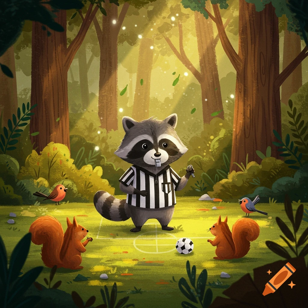 A cartoon raccoon dressed as a soccer referee stands in a sunlit forest with a ball, squirrels, and birds.