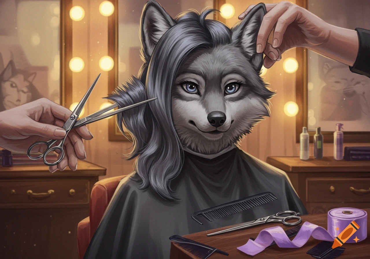An anthropomorphic gray wolf girl getting a haircut in a salon, with human hands holding scissors and adjusting her ear. Combs and bottles are on the counter.