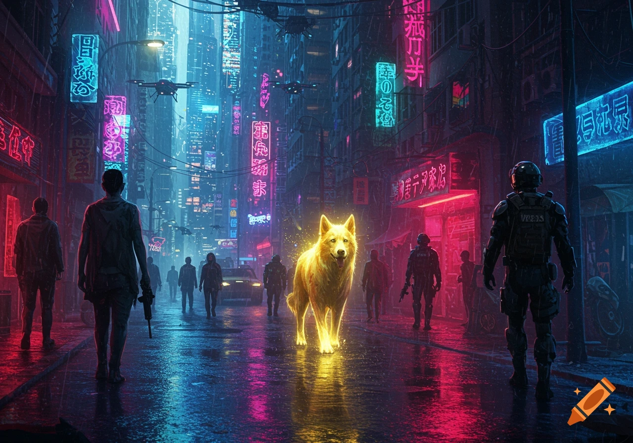 A glowing golden dog walks down a wet, neon-lit cyberpunk city street among people and futuristic vehicles.