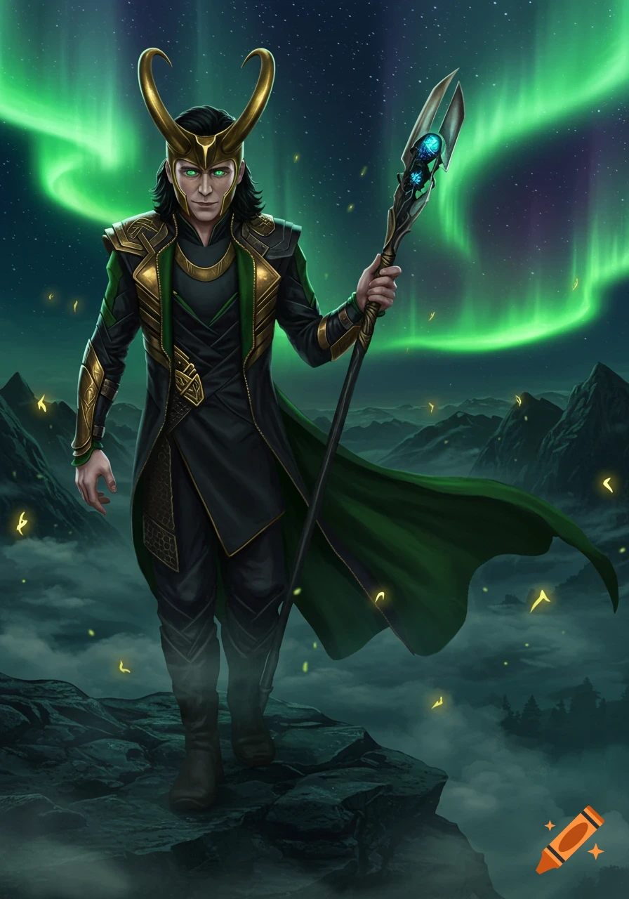 Loki, in a black and green costume with horned helmet, stands on a rocky mountain holding his staff, under a green aurora sky.