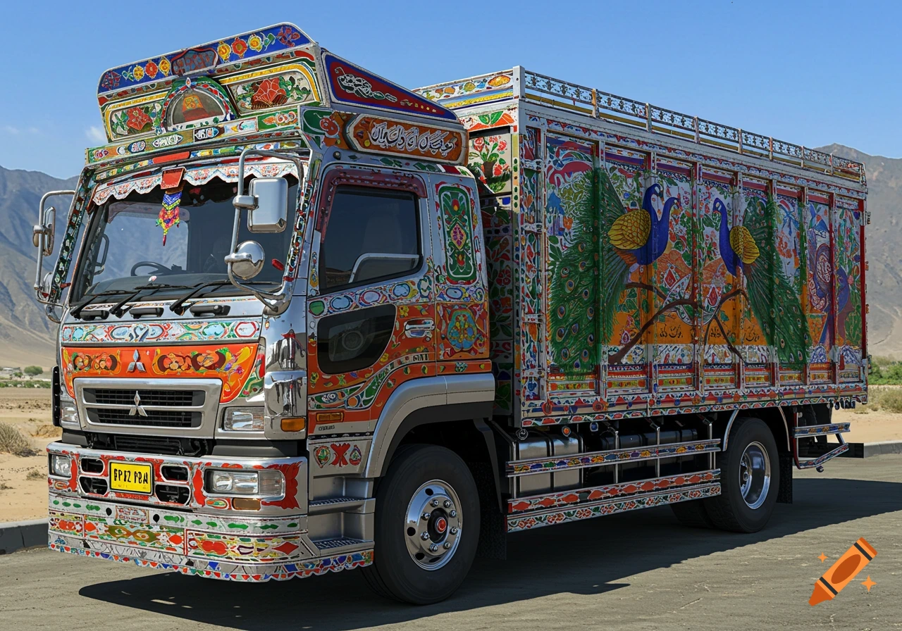 A vibrant, ornately decorated Mitsubishi semi-truck, typical of Pakistani truck art, is parked on an asphalt road in a desert landscape with mountains under a clear blue sky. The truck is adorned with colorful patterns, mirror-like chrome accents, and large illustrations of peacocks.