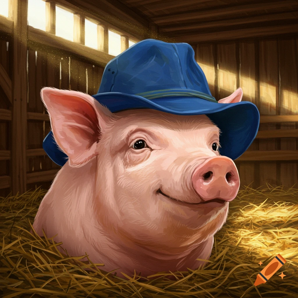 A smiling pig wearing a blue hat peeking out of straw in a barn. Illustrated.