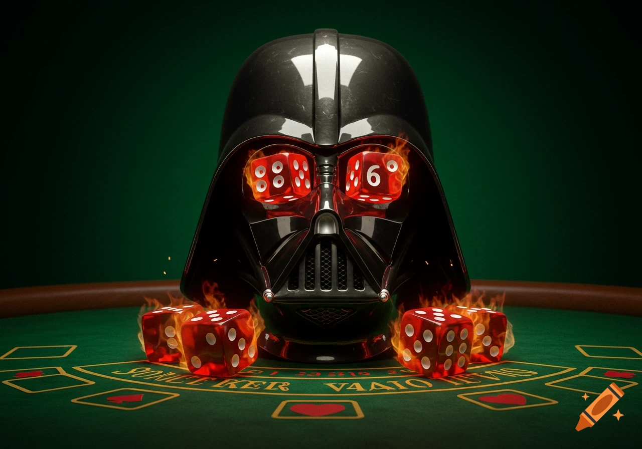 Close-up of a Darth Vader helmet on a green blackjack table, with flaming red dice in place of eyes and around the base, and card outlines with red hearts on the table. One eye shows a dice with '6', others are pips.