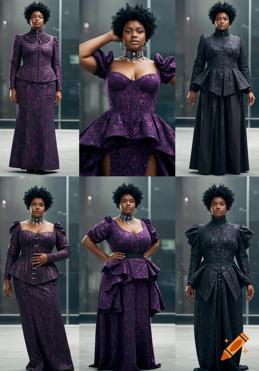 Multiple full-body fashion shots of a Black woman in elaborate purple and black alternative dresses with intricate patterns and corsets.