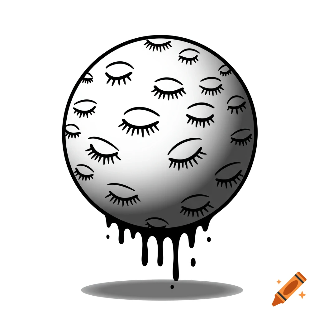A white and black orb covered in closed eyes, with black liquid dripping from its bottom and casting a shadow.