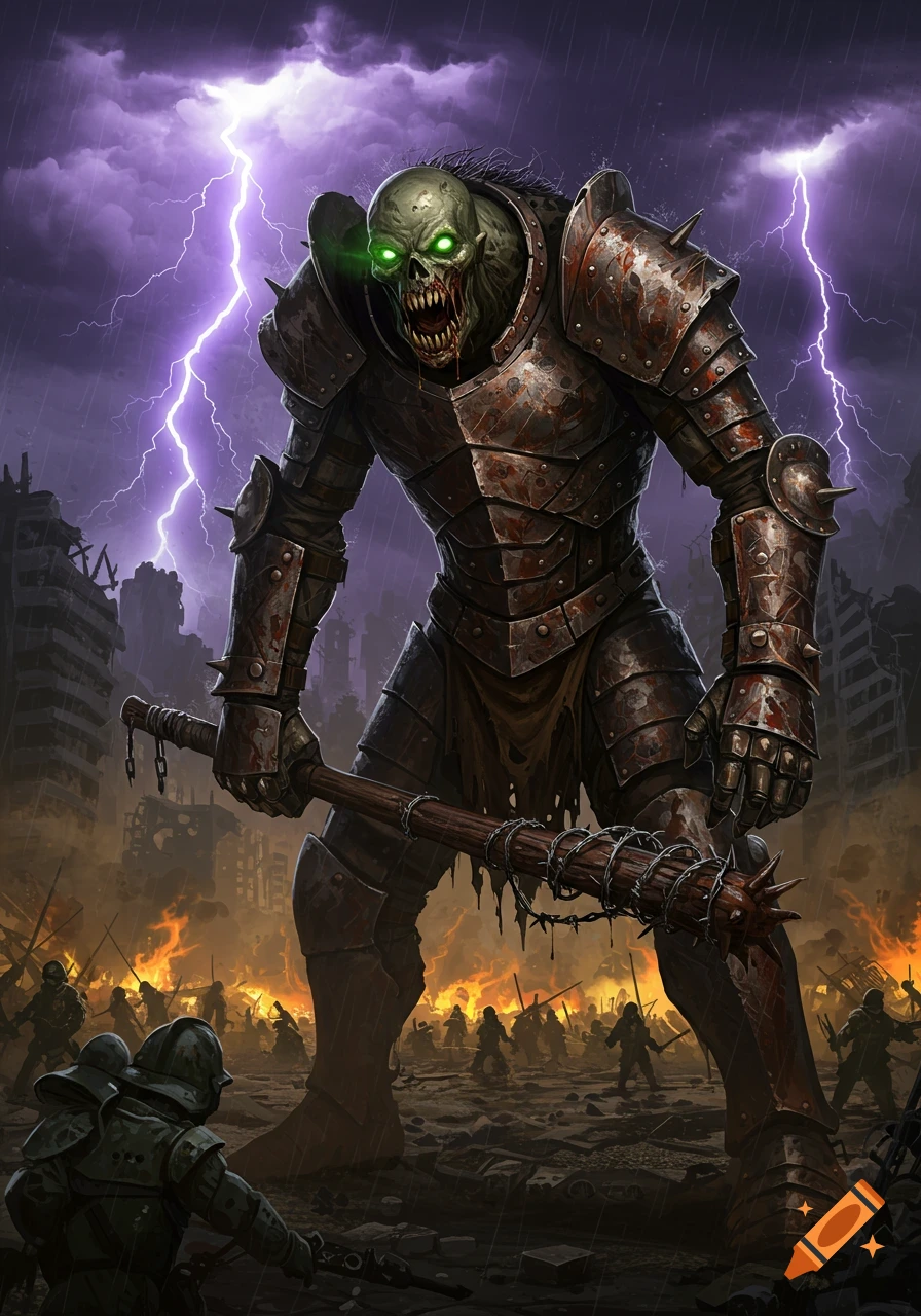 A massive, armored zombie with glowing green eyes and a spiky club stands over a battlefield in a ruined city under a stormy, lightning-filled sky.
