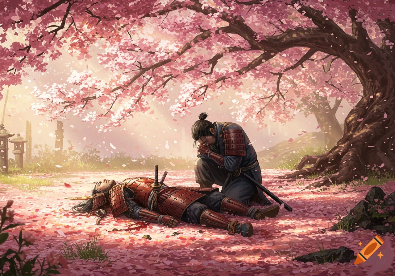 A grieving samurai kneels over a fallen samurai in red armor, lying on the ground covered in pink cherry blossom petals under a cherry tree.