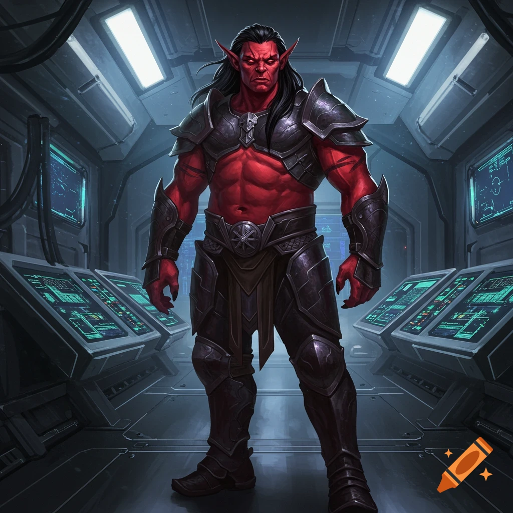 A red-skinned humanoid warrior with black hair and pointed ears wearing dark armor stands in a spaceship control room.