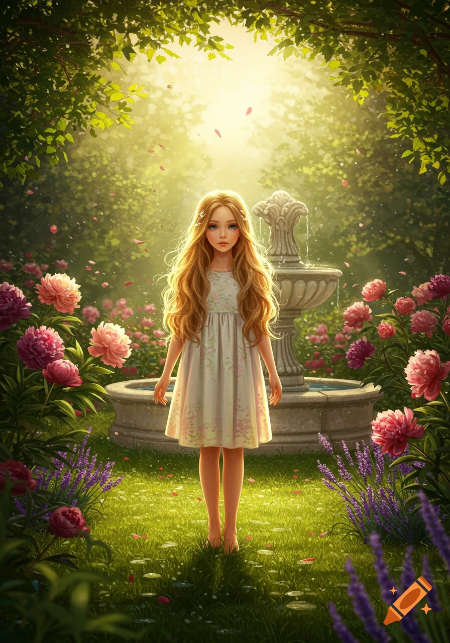 A young girl with long blonde hair stands barefoot in a sunlit garden filled with pink peonies, purple lavender, and a stone fountain.