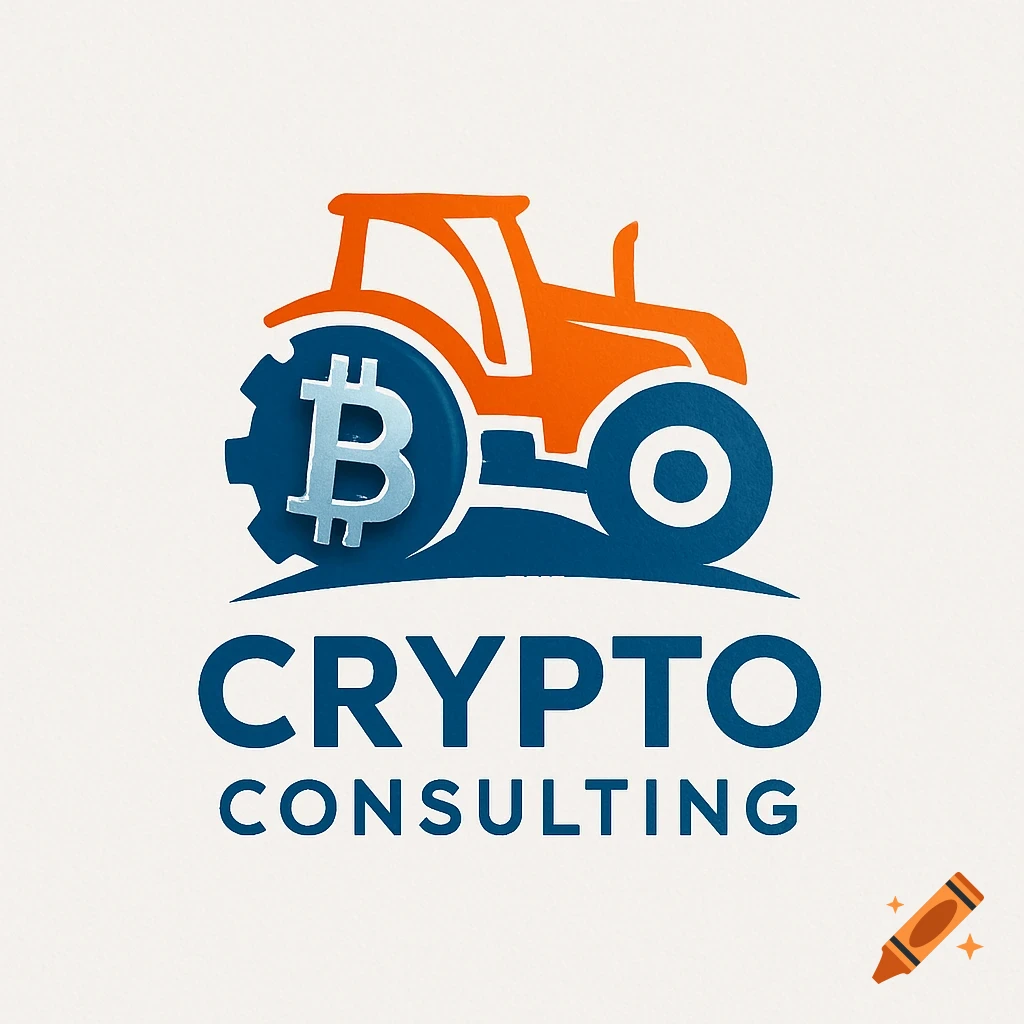 A logo featuring an orange tractor with a blue front wheel containing a silver Bitcoin symbol. Below it, the text "CRYPTO CONSULTING" in blue.