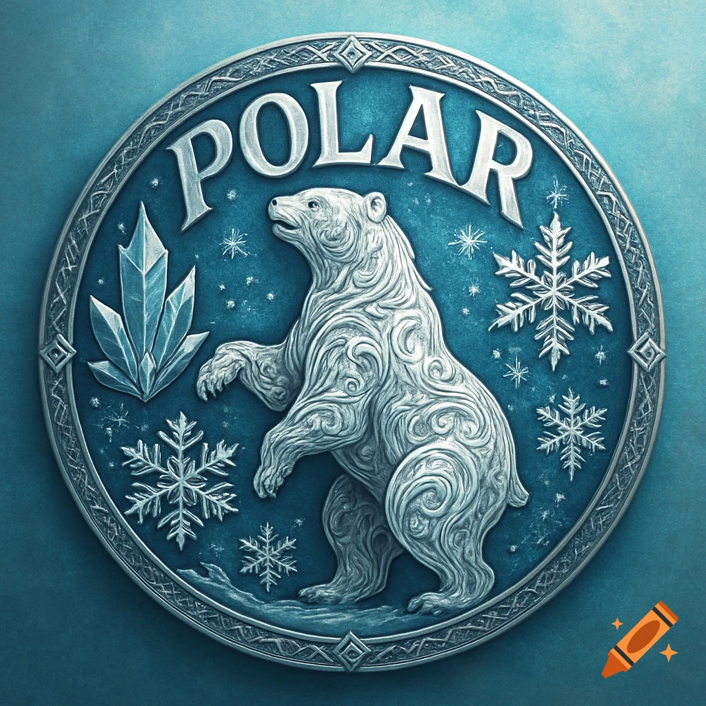 A round, silver emblem features a stylized polar bear standing on its hind legs, with intricate swirling patterns on its fur. Snowflakes and a large ice crystal surround the bear against a blue background, with the word "POLAR" at the top.