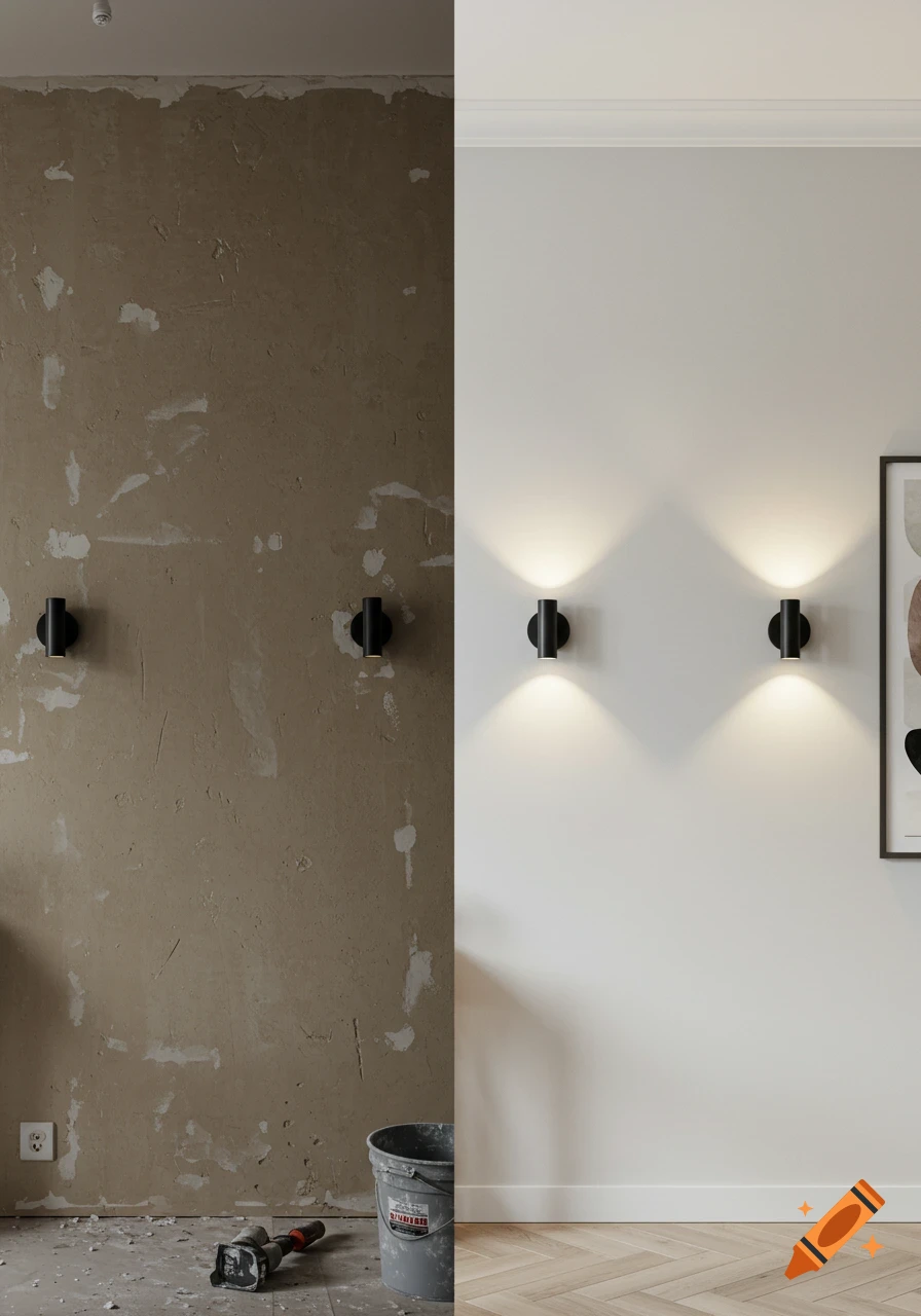 Split image showing a before-and-after of a wall renovation, from unfinished drywall to a finished white wall with sconce lights.