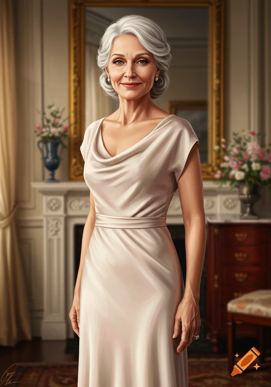 A graceful older woman with silver hair and a cream dress stands smiling in an elegant room with a fireplace and mirror.