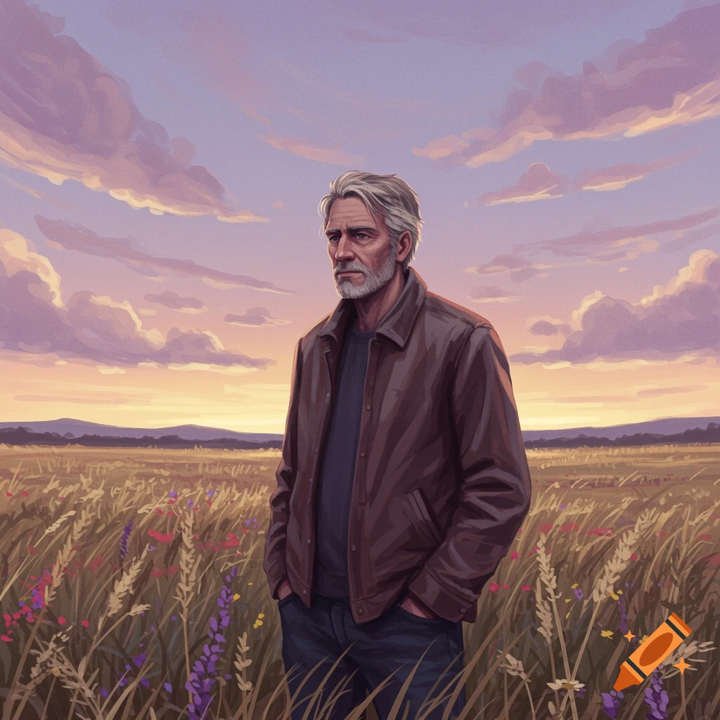 Illustrated man with gray hair and beard stands in a field of wheat and wildflowers at sunset, looking left. Purple and orange clouds fill the sky.