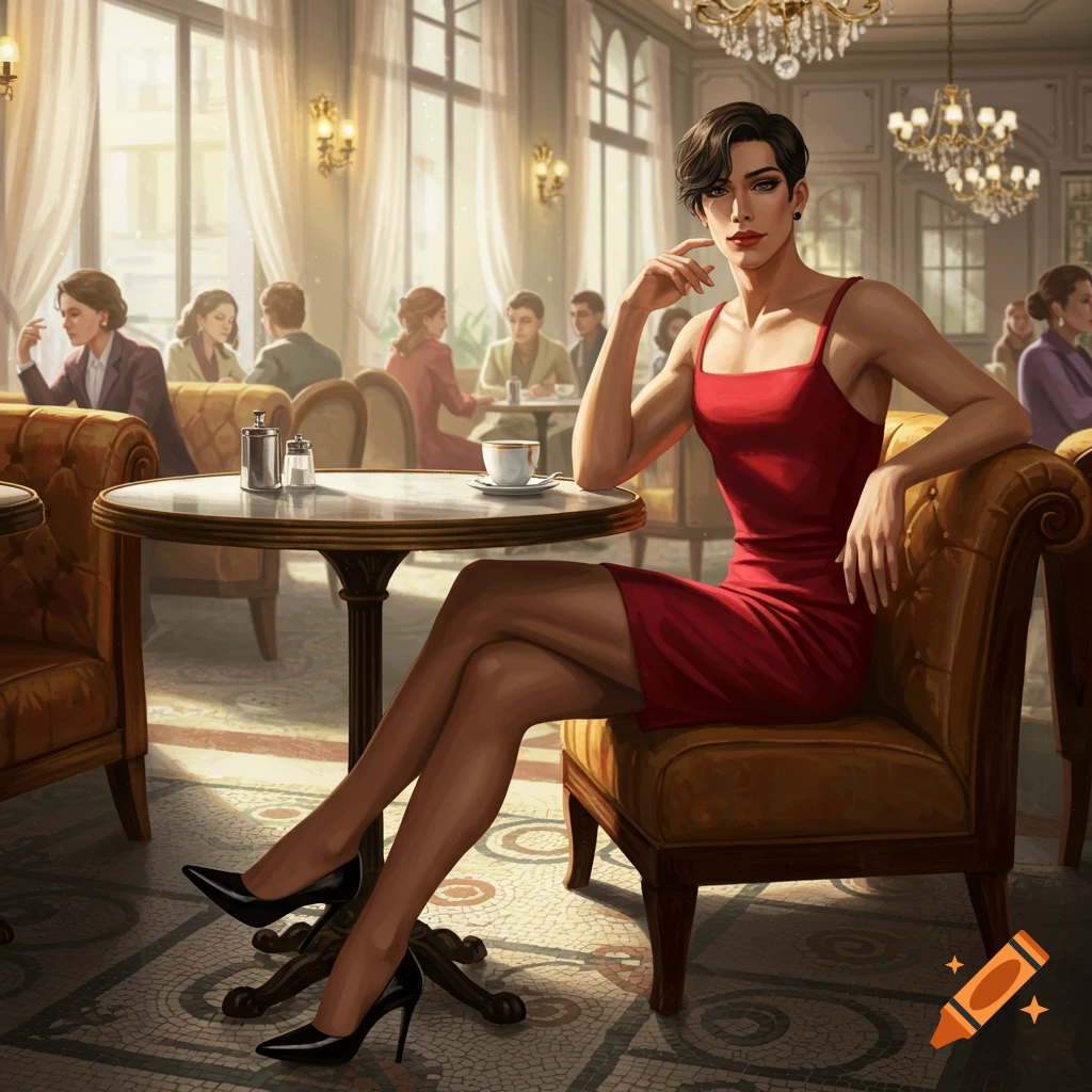 An androgynous person with short dark hair, wearing a red slip dress and black high heels, sits confidently at a table in a bright, elegant cafe with other patrons in the background. The art style is illustrative.