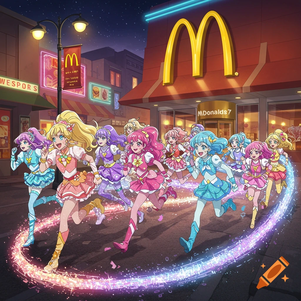 A group of cheerful anime girls with colorful hair and matching outfits run in a city street at night, with a brightly lit McDonald's restaurant in the background. They leave a trail of sparkling magical dust.