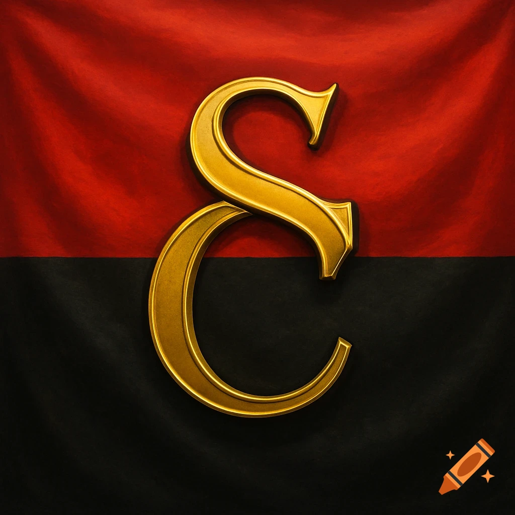 Golden embossed letters S and C on a red and black flag.