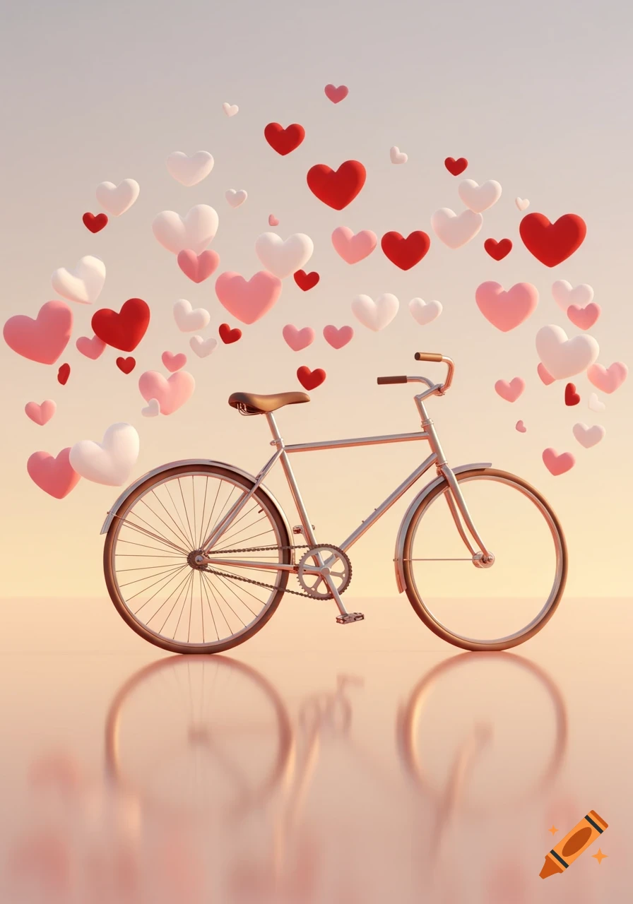 A silver bicycle stands with many red, pink, and white hearts floating around it, reflected on a light pink surface.