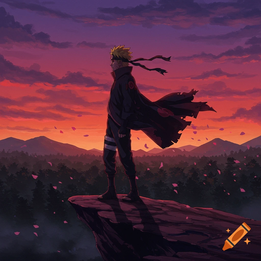 Anime character resembling Naruto stands on a cliff at sunset, overlooking a forest. Pink petals fall around him.