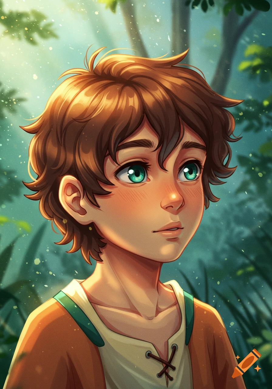 Anime boy with wavy brown hair and teal eyes looks up in a mystical forest.
