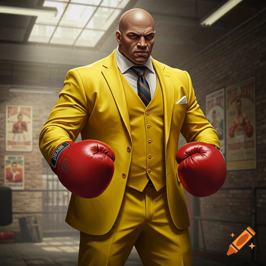 A serious bald man in a bright yellow suit and red boxing gloves stands in a boxing gym.