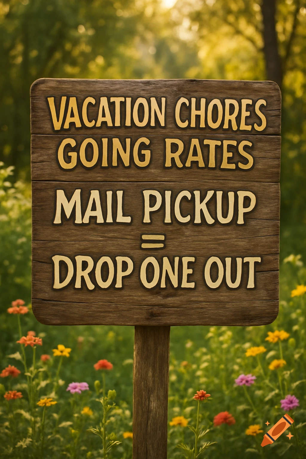 A wooden sign in a grassy field with colorful flowers reads "VACATION CHORES GOING RATES MAIL PICKUP = DROP ONE OUT".