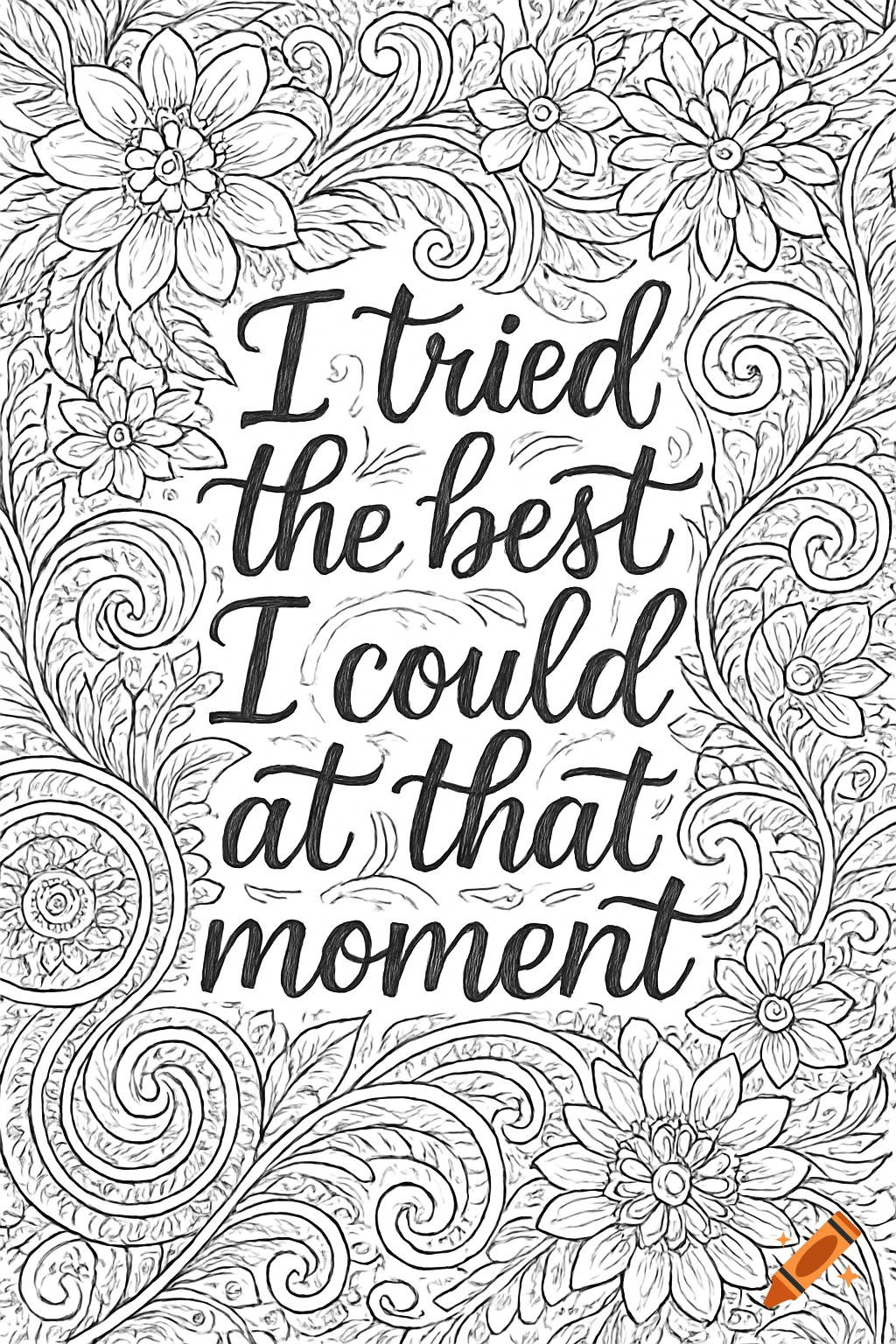 Black and white coloring page with the quote 'I tried the best I could at that moment' surrounded by a decorative floral border.