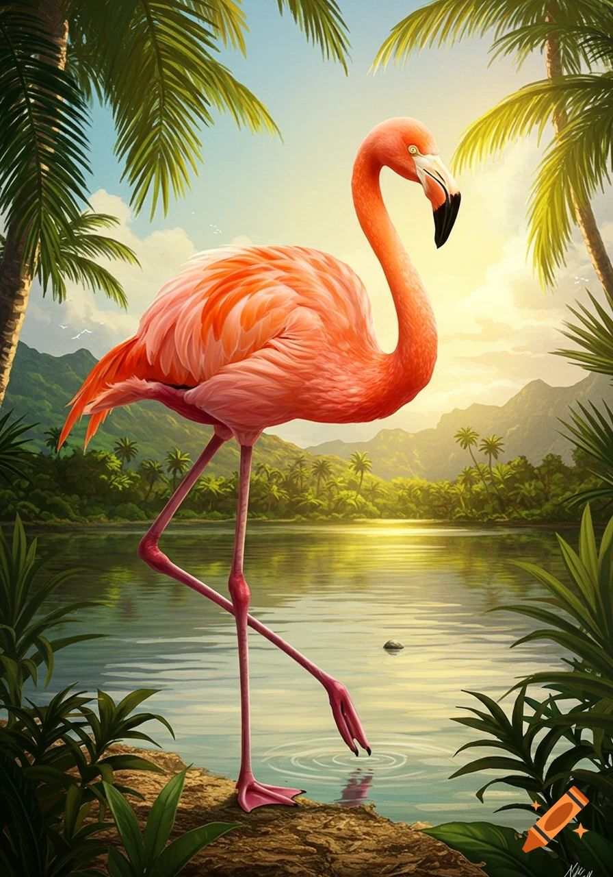 A vibrant pink flamingo stands on a rock by a calm tropical lake with palm trees and mountains under a sunny sky.